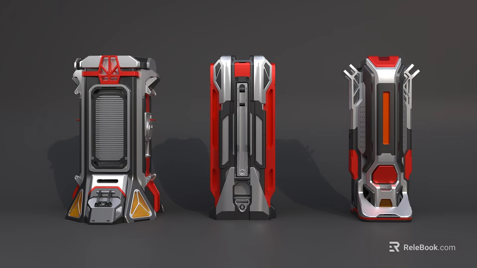 Modern Electronic Device Enclosures With Red Silver Gray Colors And Geometric Panel Designs 3d model
