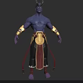 Purple Skinned Horned Character With Muscular Build And Golden Arm Guards