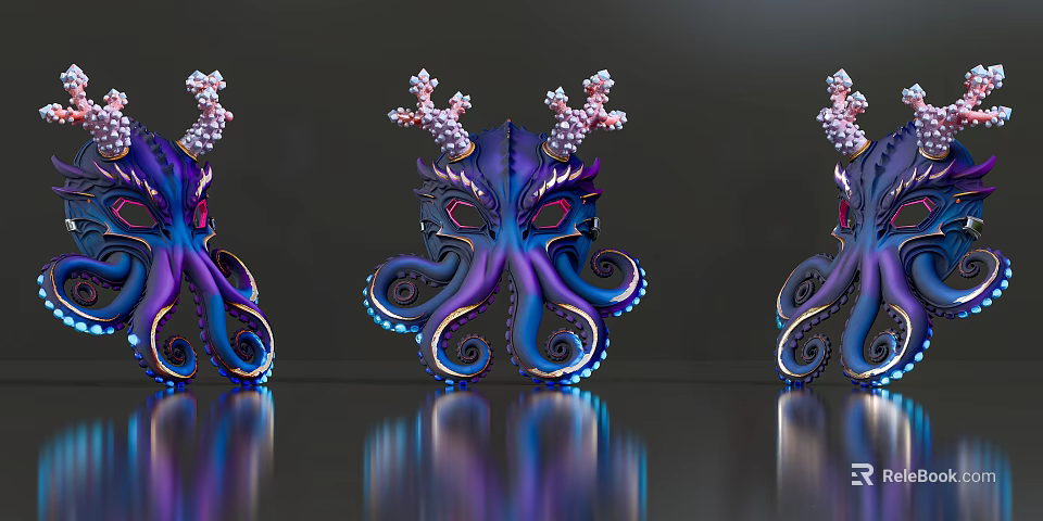 Vibrant Violet Blue Octopus Masks With Curled Tentacles Coral Like Decorations On Reflective Surface 3d model 