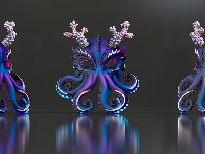 Vibrant Violet Blue Octopus Masks With Curled Tentacles Coral Like Decorations On Reflective Surface 3d model