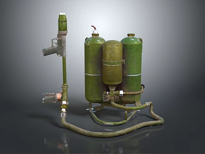 Military Style Vintage Flamethrower With Green Gas Cylinders Spray Gun Component And Connected Pipes 3d model