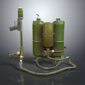 Military Style Vintage Flamethrower With Green Gas Cylinders Spray Gun Component And Connected Pipes