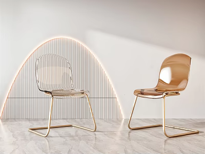 Modern Transparent Acrylic And Golden Dining Chairs With Metal Legs On Marble Floor 3d model