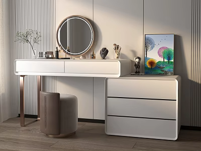Modern White Vanity Interior With Round Mirror Stool Decorative Painting And Decor Items 3d model