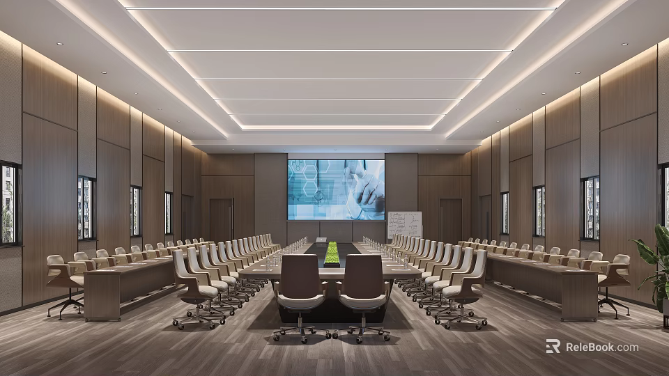 Modern Conference Room Interior Design With Long Table Chairs Large Screen And Wooden Walls 3d model 
