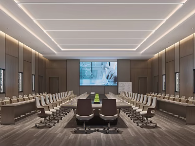 Modern Conference Room Interior Design With Long Table Chairs Large Screen And Wooden Walls 3d model