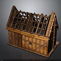 Wooden Building Model with Sloped Roof Grid Wooden Frame Brown Planks Door and Windows