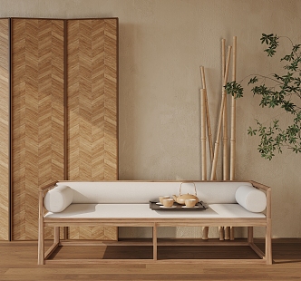 New Chinese Style Luohan Bed Luohan Collapsed Screen Partition Tea Set Bamboo Pole 3d model