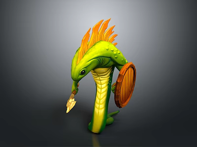 Fantasy Serpent Warrior 3D Model With Green Body Orange Mane Spear And Wooden Shield 3d model