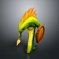 Fantasy Serpent Warrior 3D Model With Green Body Orange Mane Spear And Wooden Shield