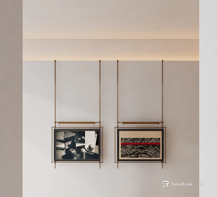 Minimalist Wall Featuring Hanging Framed Artworks With Brass Frames And Abstract Prints 3d model 