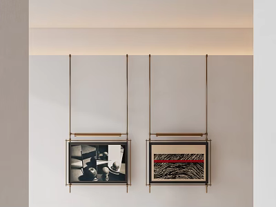 Minimalist Wall Featuring Hanging Framed Artworks With Brass Frames And Abstract Prints 3d model