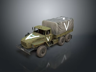 Green Military Truck With Canvas Covered Cargo Area White V Markings And Six Wheel Design 3d model