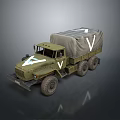 Green Military Truck With Canvas Covered Cargo Area White V Markings And Six Wheel Design
