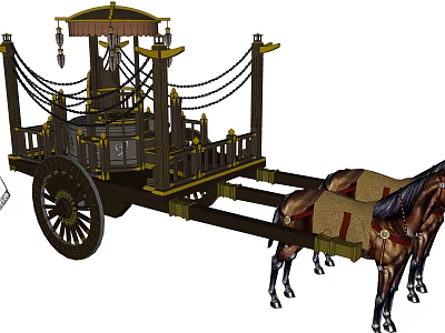 Ornate Horse Drawn Carriage With Two Horses And Decorative Canopy Details 3d model