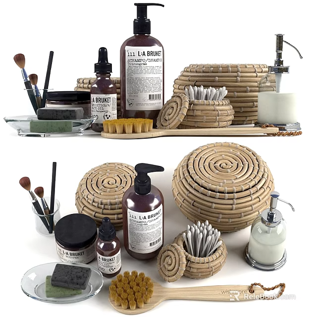 Natural Handcrafted Washing Daily Essentials With Bamboo Baskets Brushes And Soap Dispensers 3d model 