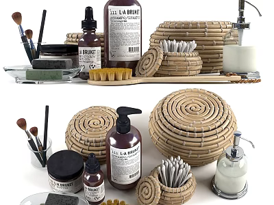 Natural Handcrafted Washing Daily Essentials With Bamboo Baskets Brushes And Soap Dispensers 3d model