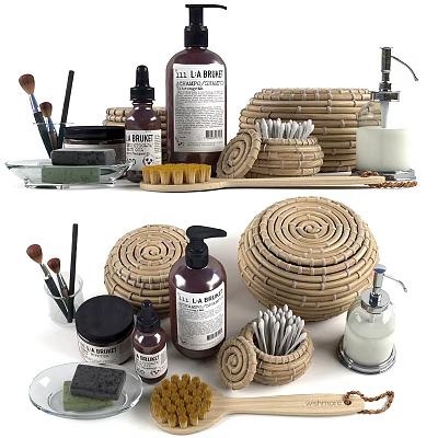 Natural Handcrafted Washing Daily Essentials With Bamboo Baskets Brushes And Soap Dispensers 3d model