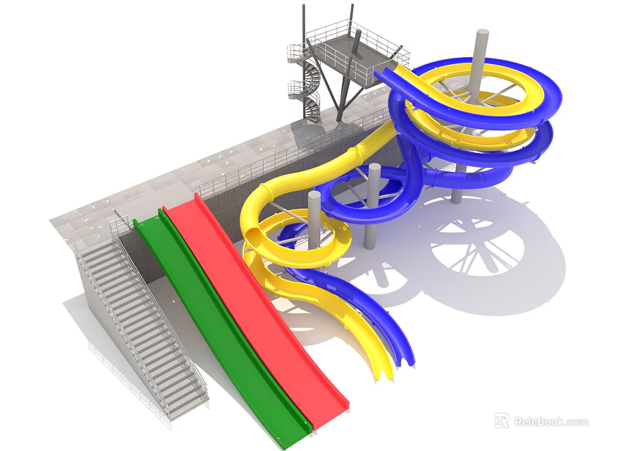 Colorful Water Slide Playground Equipment with Green Red Yellow Blue Slides Stairs and Platform Structure 3d model 