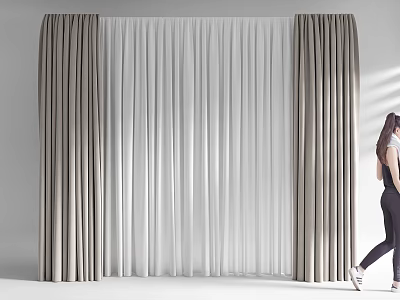 Gray and White Double Layer Curtain Design For Modern Home Interior Space 3d model