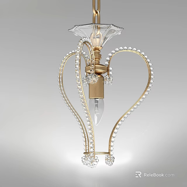 Elegant Heart Shaped Chandelier with Gold Frame Pearl Decorations and Crystal Pendants 3d model 