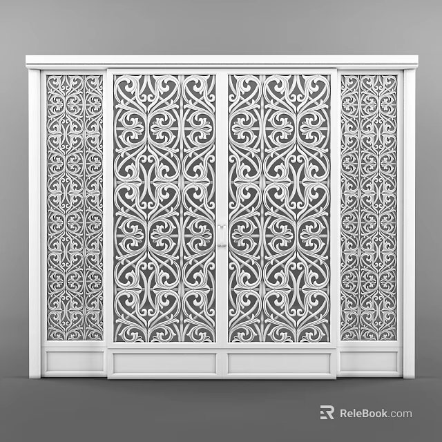 Elegant White Frame Sliding Doors With Intricate Ornate Patterns For Home Interior 3d model 