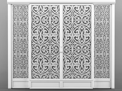 Elegant White Frame Sliding Doors With Intricate Ornate Patterns For Home Interior 3d model