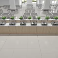 Cafeteria Food Service Counter With Service Windows Wooden Countertop Green Plants And Dining Tables