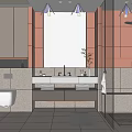 Stylish Bathroom Interior Featuring Orange Gray Cabinetry Large Mirror Double Sink Stone Countertop Shower Area