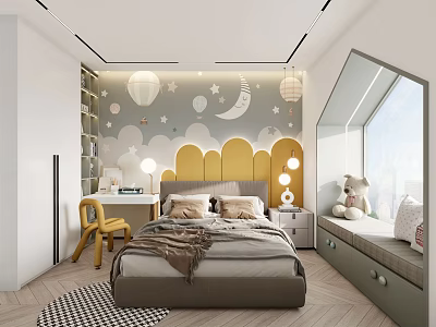 Kids Bedroom Interior With Star Moon Wall Decor Bed Desk Chair And Stuffed Toy 3d model
