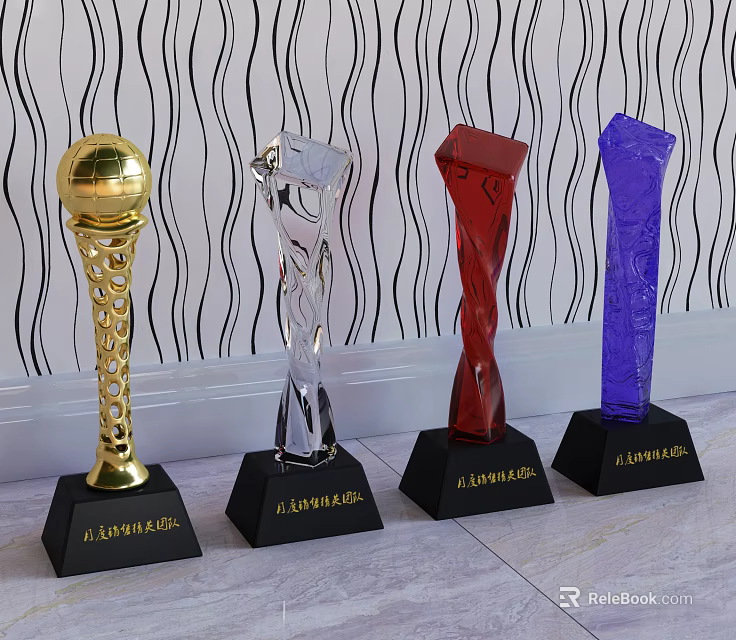 Modern Trophies Display with Gold Crystal Red Blue Colors and Award Bases 3d model 