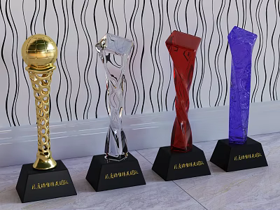 Modern Trophies Display with Gold Crystal Red Blue Colors and Award Bases 3d model