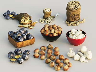 Dried Blueberry Fruits Display in Wooden Red Bowls and Sacks with Scattered Pieces 3d model