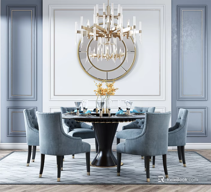 Elegant Round Dining Table Set In Luxury Interior With Gray Chairs Chandelier And Blue Walls 3d model 