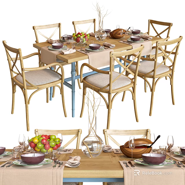 Wooden Dining Table Set With Cross Back Chairs And Fruit Bowls Wine Glasses On Top 3d model 