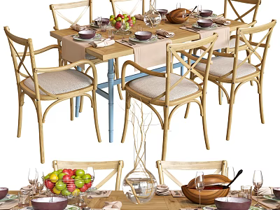 Wooden Dining Table Set With Cross Back Chairs And Fruit Bowls Wine Glasses On Top 3d model