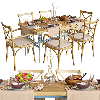 Wooden Dining Table Set With Cross Back Chairs And Fruit Bowls Wine Glasses On Top 3d model