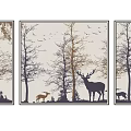 Natural Plant Paintings With Trees Deer And Flying Birds In Forest Scene