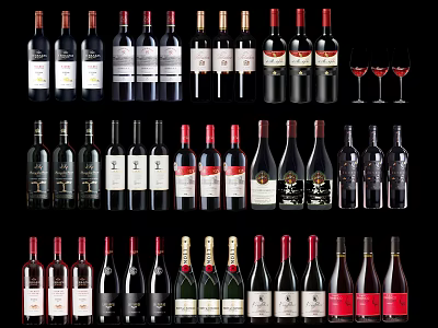 Different Types of Wine Bottles and Glasses Neatly Arranged in Rows 3d model