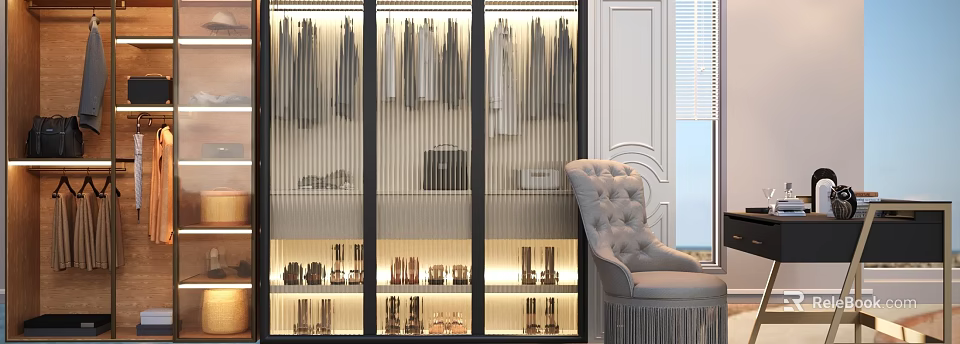 Elegant Hanging Clothes In Modern Wardrobe With Glass Doors Leather Bags Shoes And Tufted Armchair 3d model 