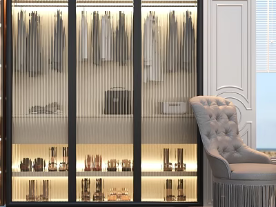 Elegant Hanging Clothes In Modern Wardrobe With Glass Doors Leather Bags Shoes And Tufted Armchair 3d model