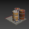 Household Supplies On Stone Slab With Red Yellow Oil Drums Blue Hand Truck And Axe
