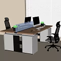 Modern Office Desk and Chair Set With Brown Tabletop Glass Partition and Black Rolling Chairs