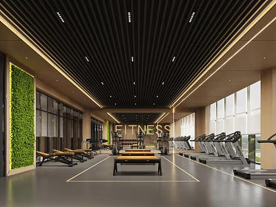 Modern Fitness Gym Interior With Spacious Layout Green Wall Treadmills And Training Equipment 3d model