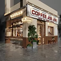 Coffee Shop Storefront With COFFEE JOE JOE Signboard Tea Coffee Plants Bench And Glass Windows