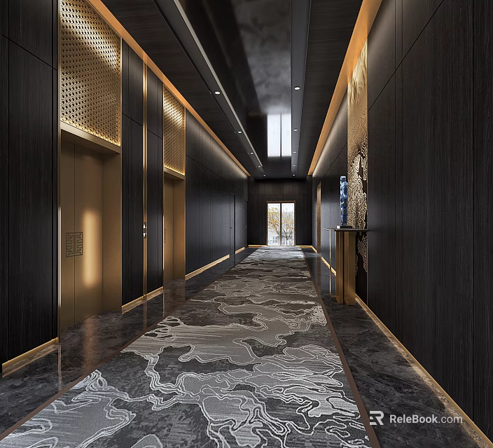 Modern Elevator Hallway Design With Dark Wooden Walls Gold Accents Ceiling Lighting And Patterned Carpet 3d model 