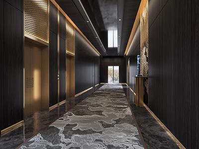 Modern Elevator Hallway Design With Dark Wooden Walls Gold Accents Ceiling Lighting And Patterned Carpet 3d model