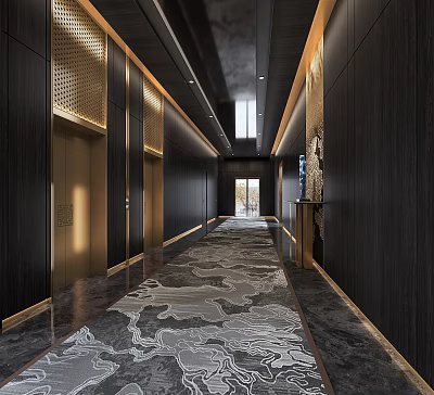 Modern Elevator Hallway Design With Dark Wooden Walls Gold Accents Ceiling Lighting And Patterned Carpet 3d model