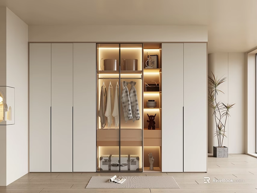 Modern Wardrobe Interior Design With White Cabinet Doors Built-in Lighting And Open Shelves 3d model 