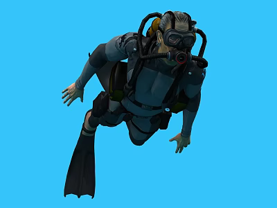 A Man In Scuba Diving Suit With Dive Mask Regulator And Fins Underwater Blue Background 3d model